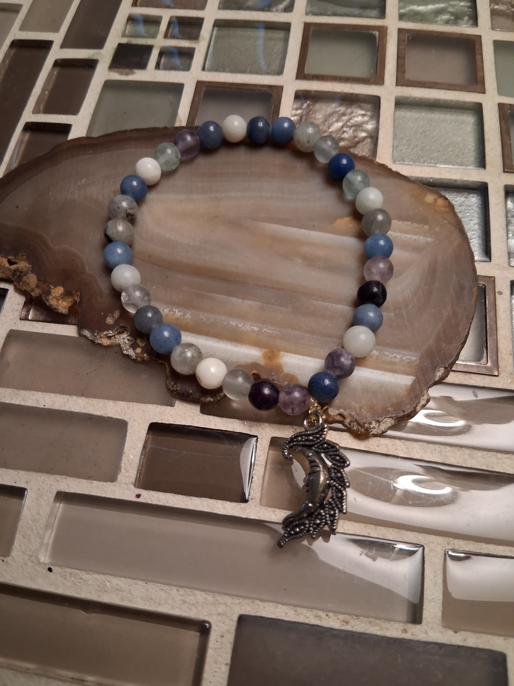 Multicolor Gemstone Beaded Bracelet with Moon Charm